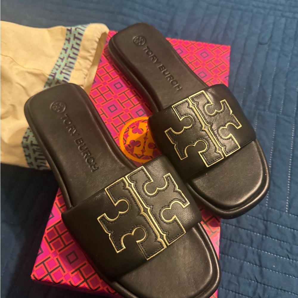 Tory Burch Black Sandals with Gold Detailing